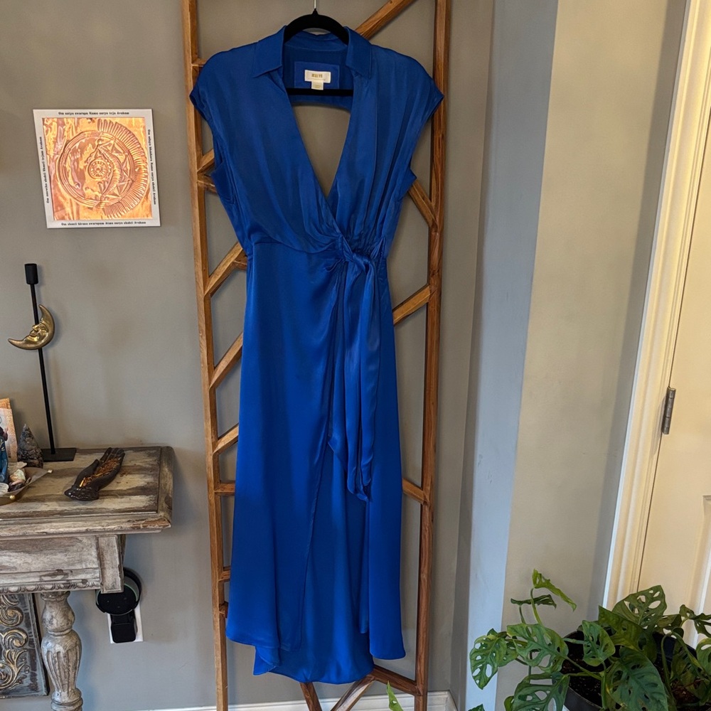 Maeve Anthropology Elegant Blue Wrap Dress- open back and high slit open front